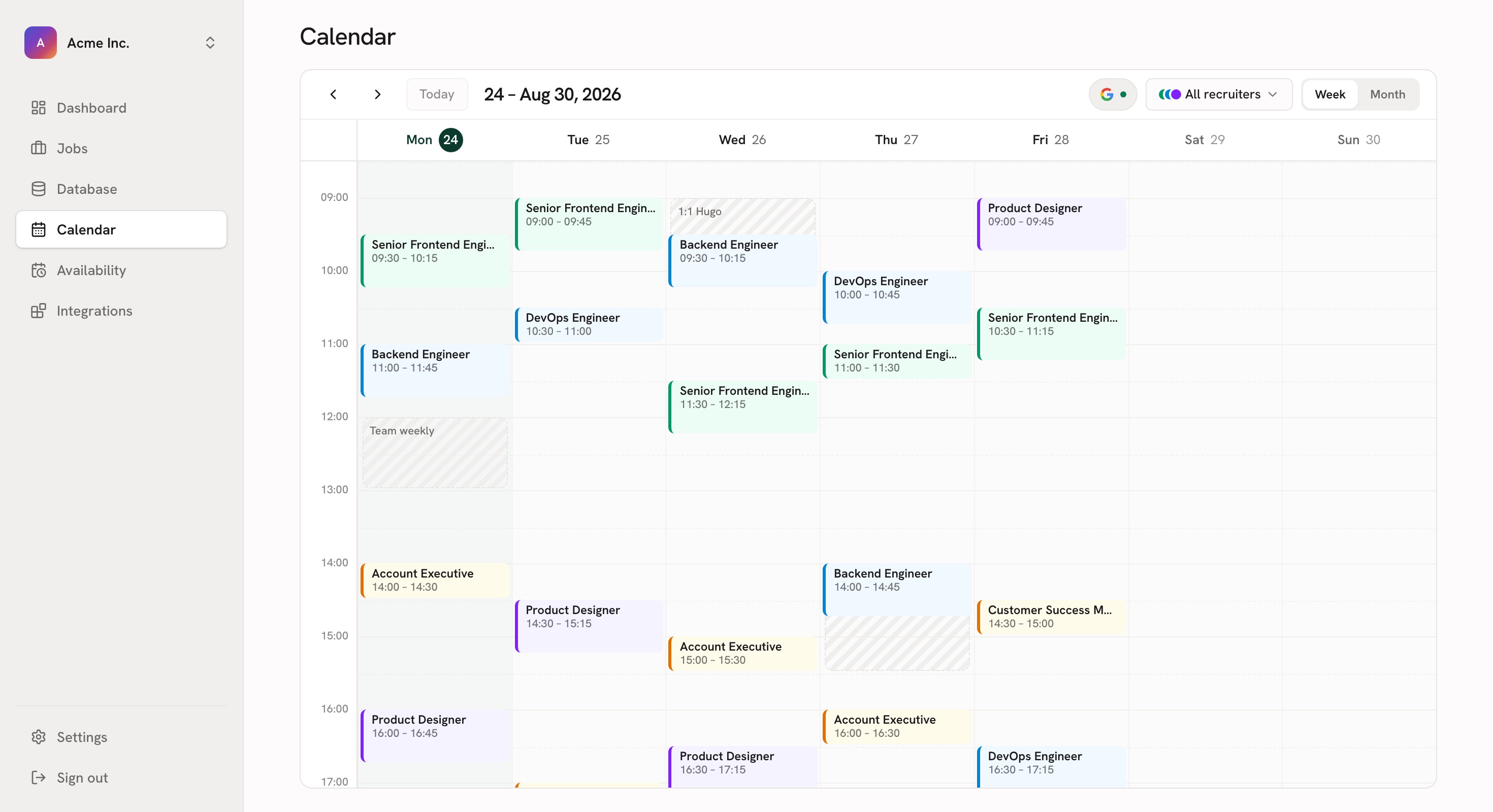 The bestpeople.ai calendar: a full week of interviews colour-coded by recruiter, Google busy blocks included